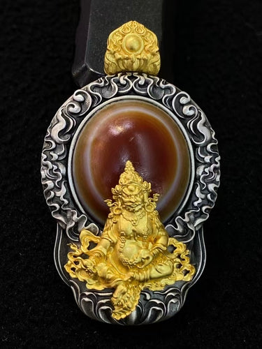 Golden Prosperity Pendant –  Dzi Beads with Gold-Plated Yellow Wealth Deity for Abundance