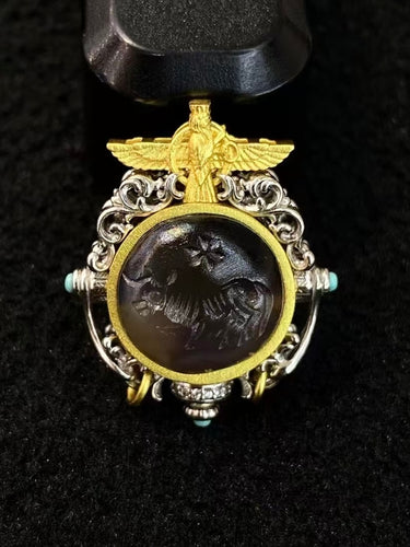 Divine Seal Pendant – Dzi Beads with Gold-Plated Angel and Seal Design for Blessing