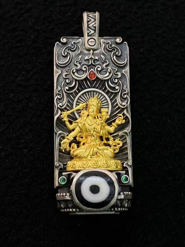 The Four-Armed Wisdom Pendant – Dzi Beads with Gold-Plated Manjushri for Prosperity