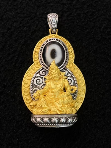 Prosperity Guardian Pendant –  Dzi Beads with Gold-Plated Yellow Wealth Deity