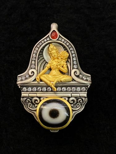 Divine Prosperity Pendant –  Dzi Beads with Gold-Plated Green Tara