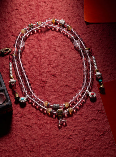 Peace Crystal 108 Mala Necklace – White Quartz, Agate & Turquoise Pendant