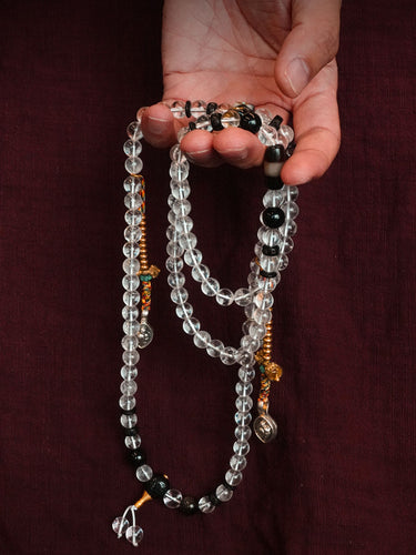 Healing Crystal 108 Mala Necklace White Quartz, Agate & Silver Pendant