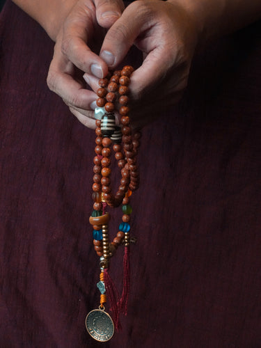 Sacred Blessing 108 Mala Necklace Handmade with Bodhi Beads, Agate, Dzi Beads & Brass