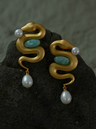 Flying Serpent Pearl Earrings｜Gold Spiritual Dangle for Feminine Balance