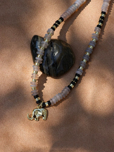 Black & White Agate Necklace for Clarity and Balance with Elephant Pendant